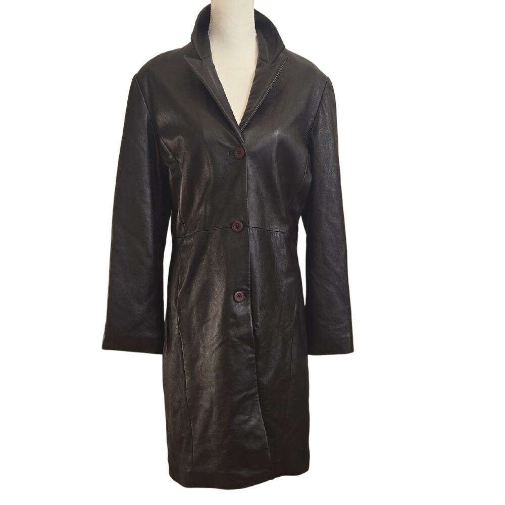 Women's Y2K Grunge Black Genuine Leather Jacket Trenchcoat 90s Streetwear Medium